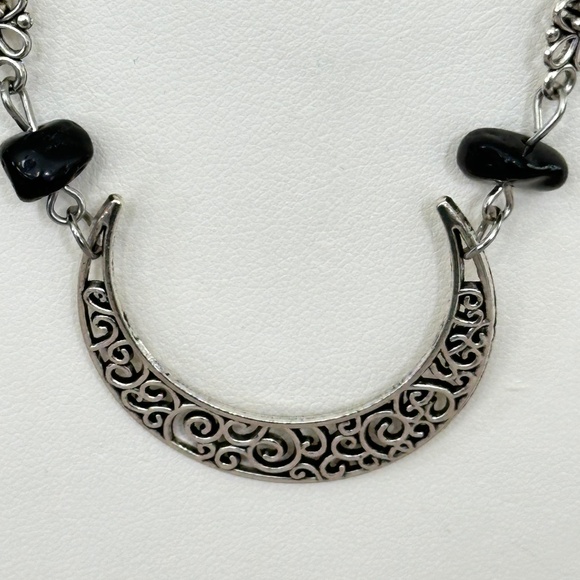 Silver Tone Crescent Moon Filigree Necklace w/Black Onyx Crystal/Stone Chips - Picture 2 of 15